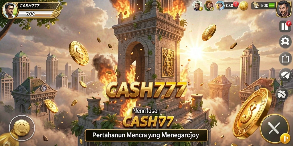 Tampilan gameplay CASH777 yang menegangkan dengan pertarungan menara.
